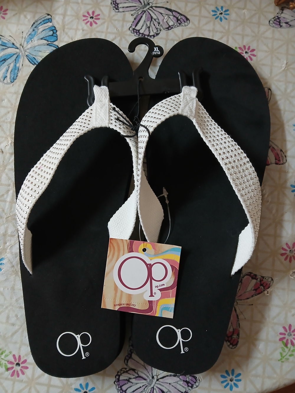 OP White Rhinestone-Embellished Strap Black Footbed Sandals